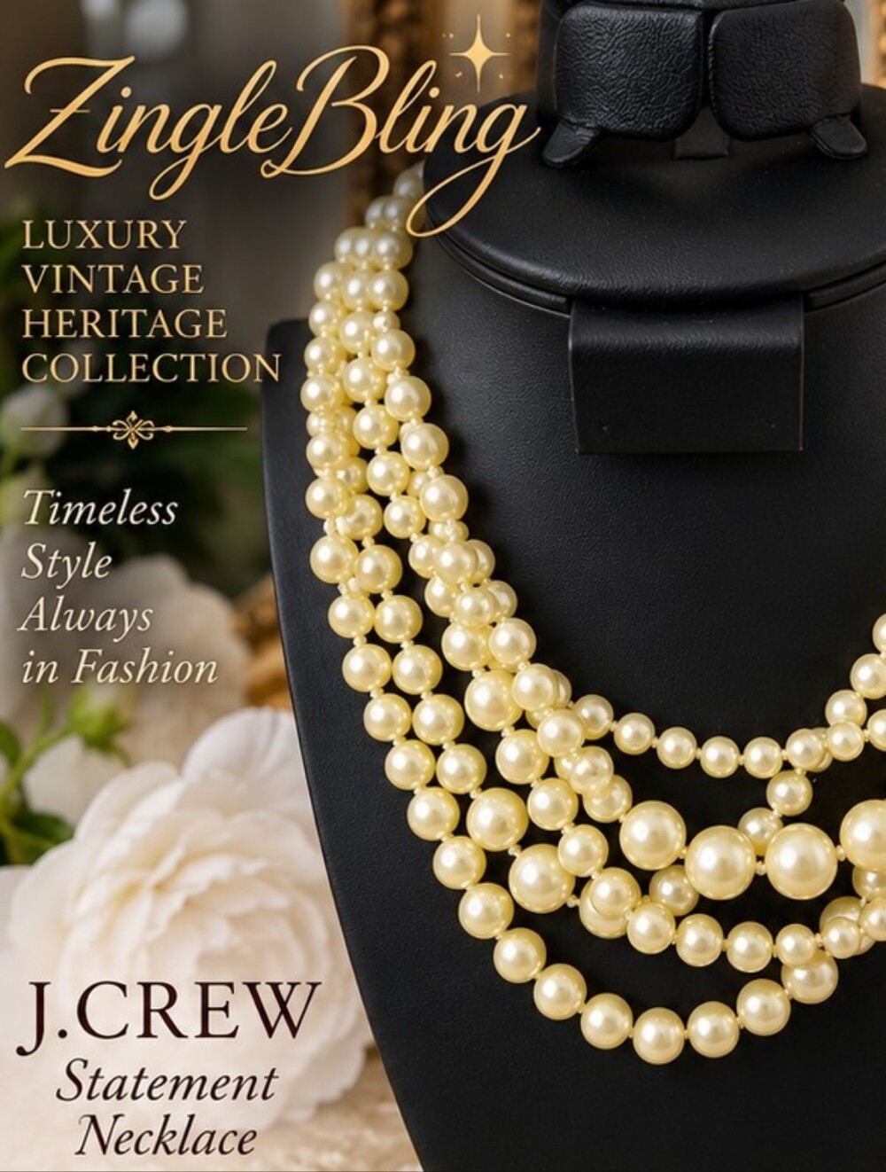 J.Crew Multi Strand Graduated Faux Pearl Statement Necklace Gold Tone